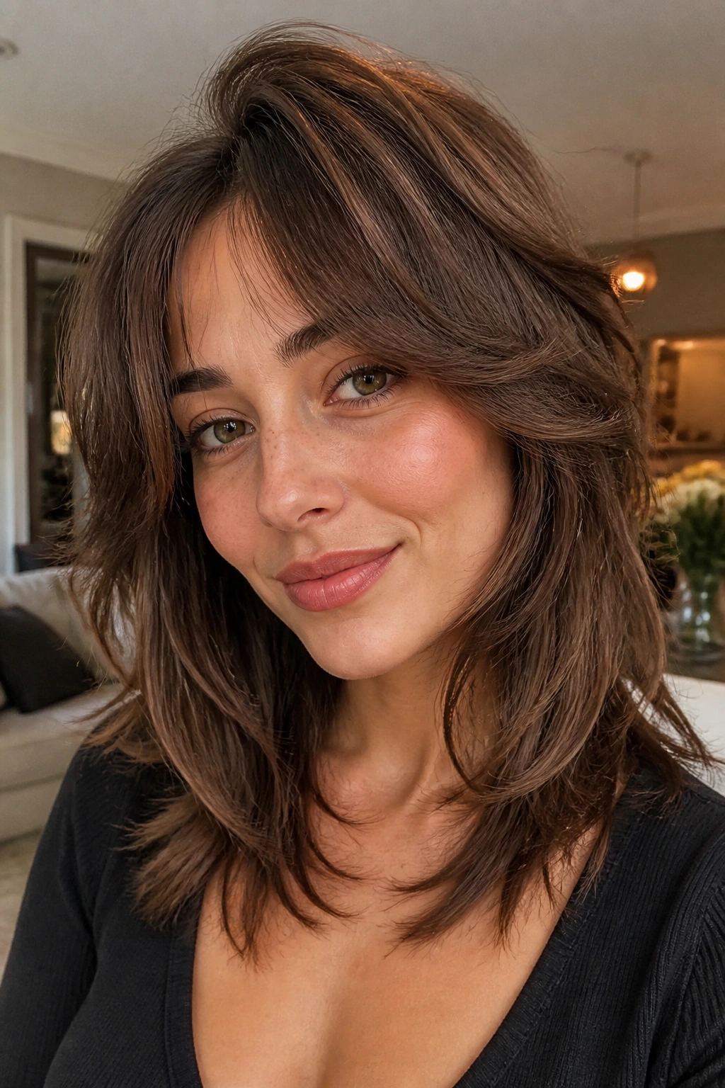 Real person with almond soft wolf cut showing voluminous crown and soft ends