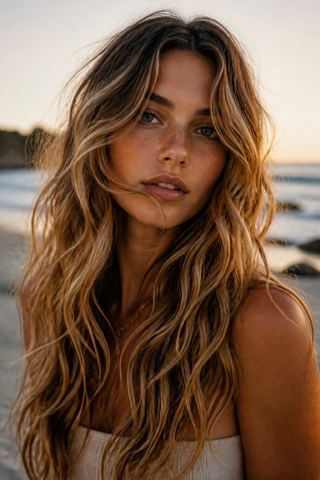 Close-up of a real woman with long hair showing alternating curling directions for natural beach waves