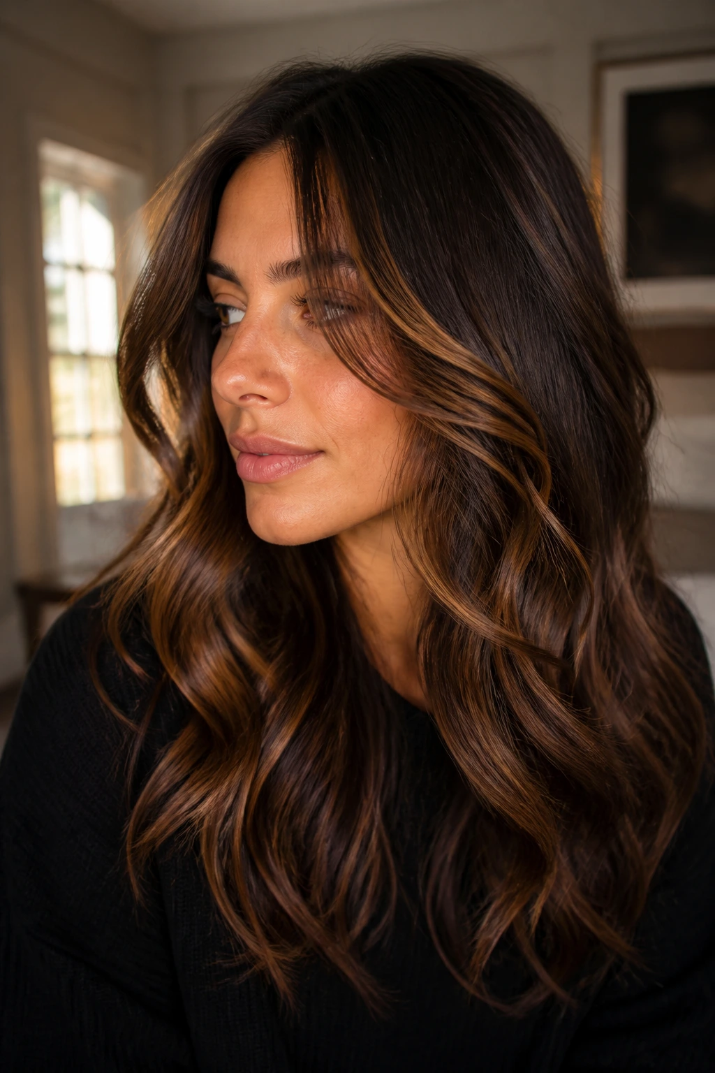 Close-up portrait of a real woman with amber balayage on dark brunette hair framing the face