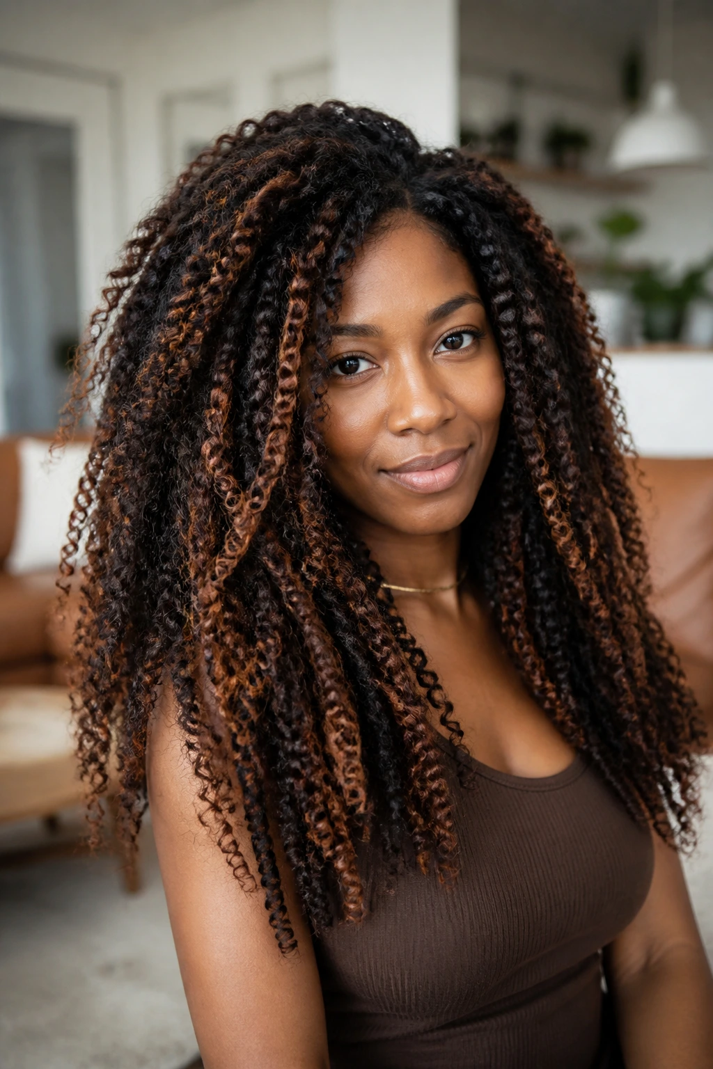 Close-up of long coils with amber balayage on a Black woman.