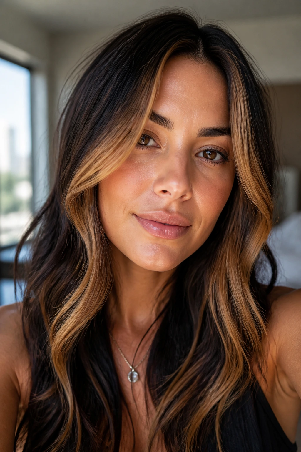 Close-up of a real woman's face with amber face-framing balayage near cheekbones