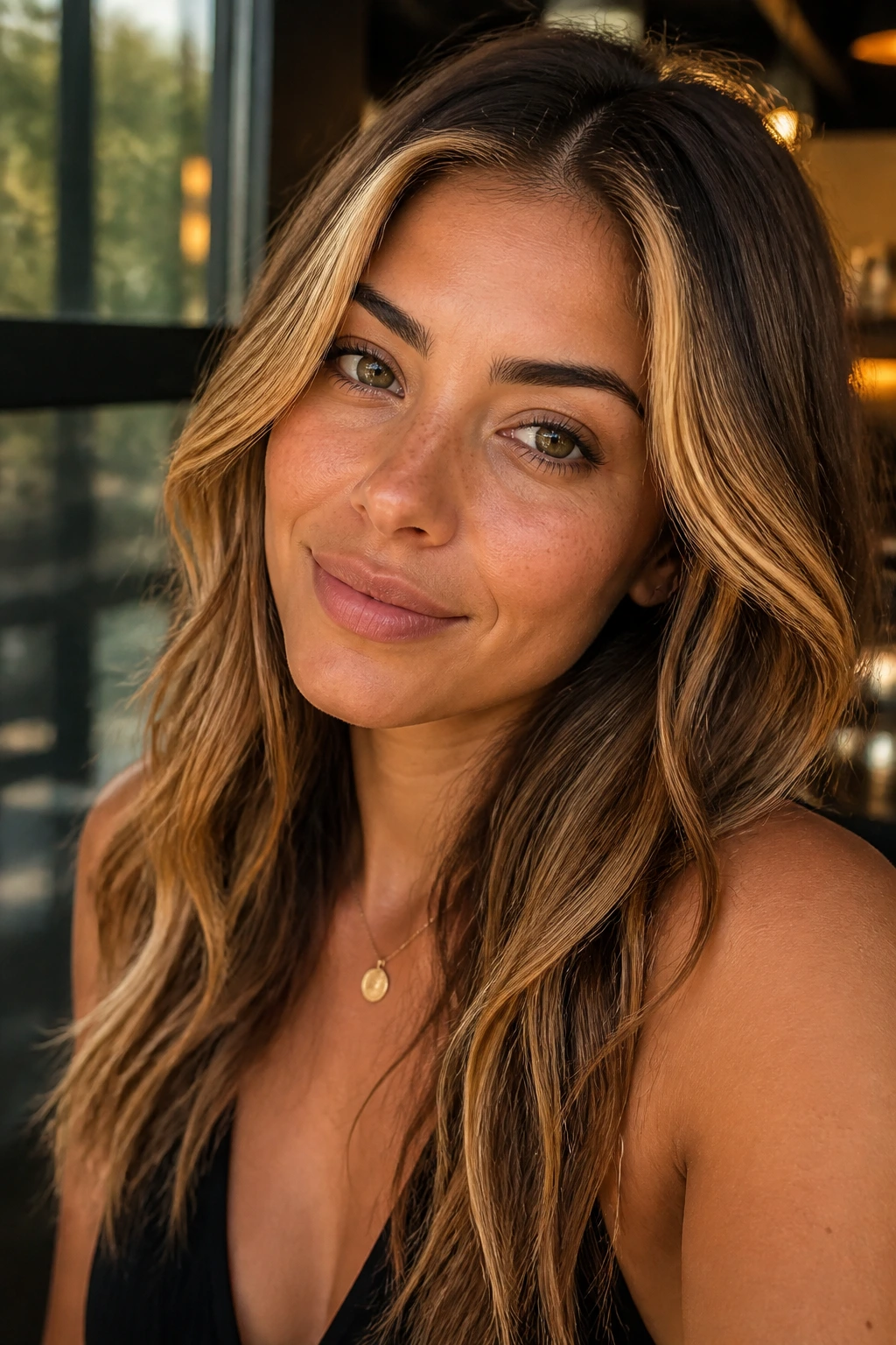 Close-up portrait of a real woman with amber highlights framing the face in warm light