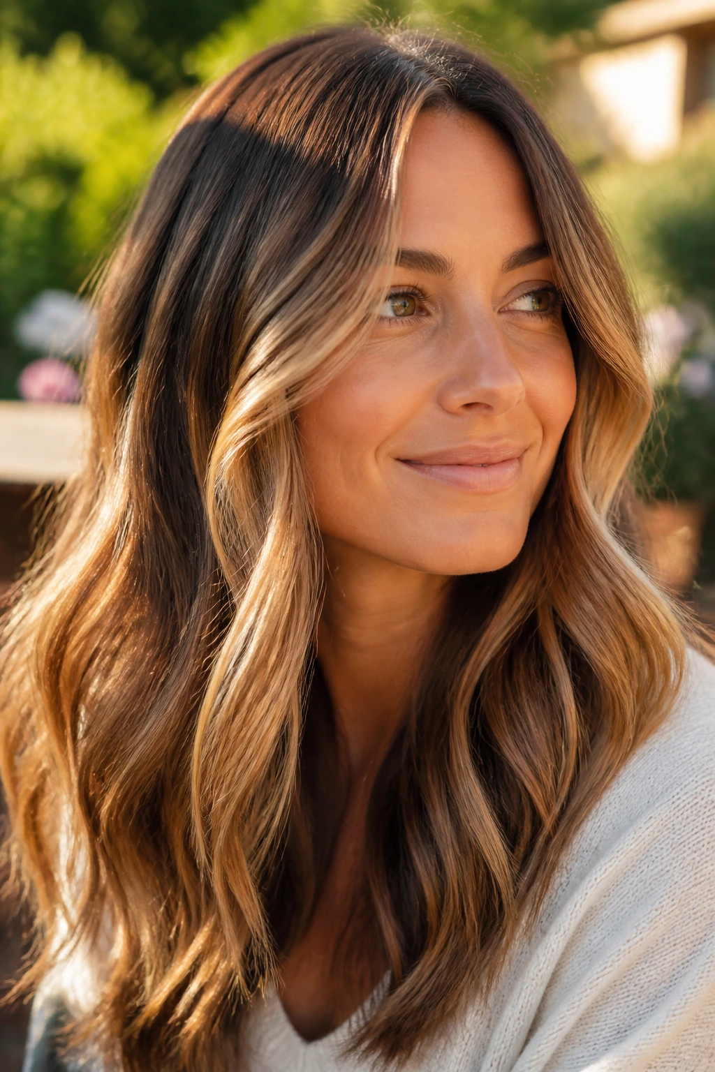 Close-up of person with amber bronde blend showing dimensional warmth