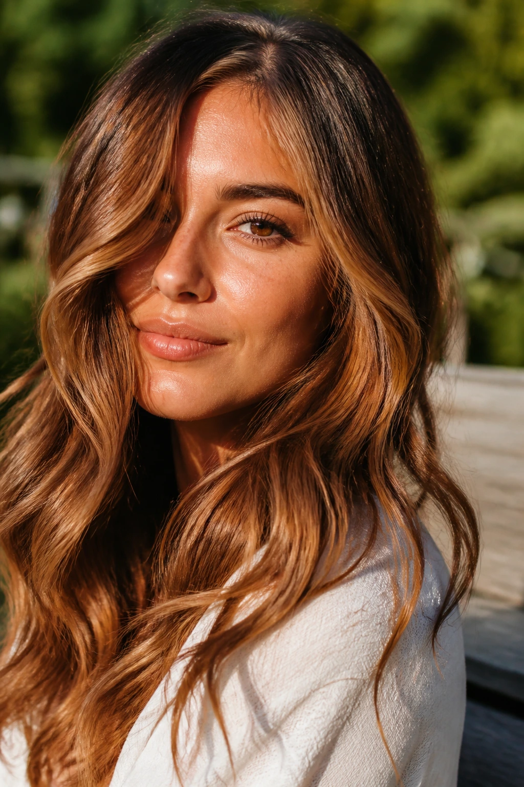 Portrait of a woman with amber bronze waves in sunlit outdoor setting.