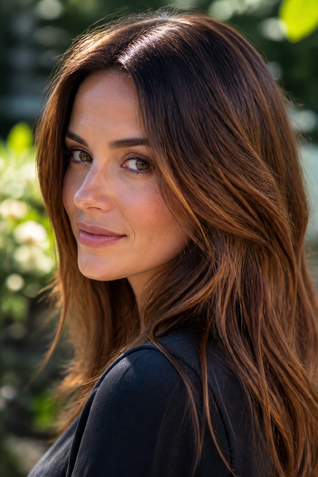 Close-up of a woman with Amber Brown hair showing warm amber highlights in sunlight