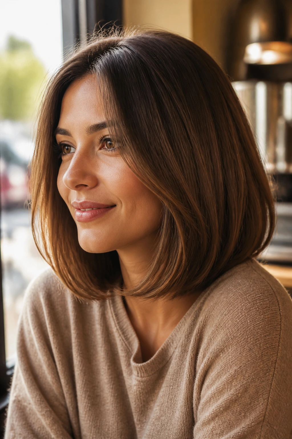 Close-up of a real woman with amber brown lob and soft undercurve in warm light