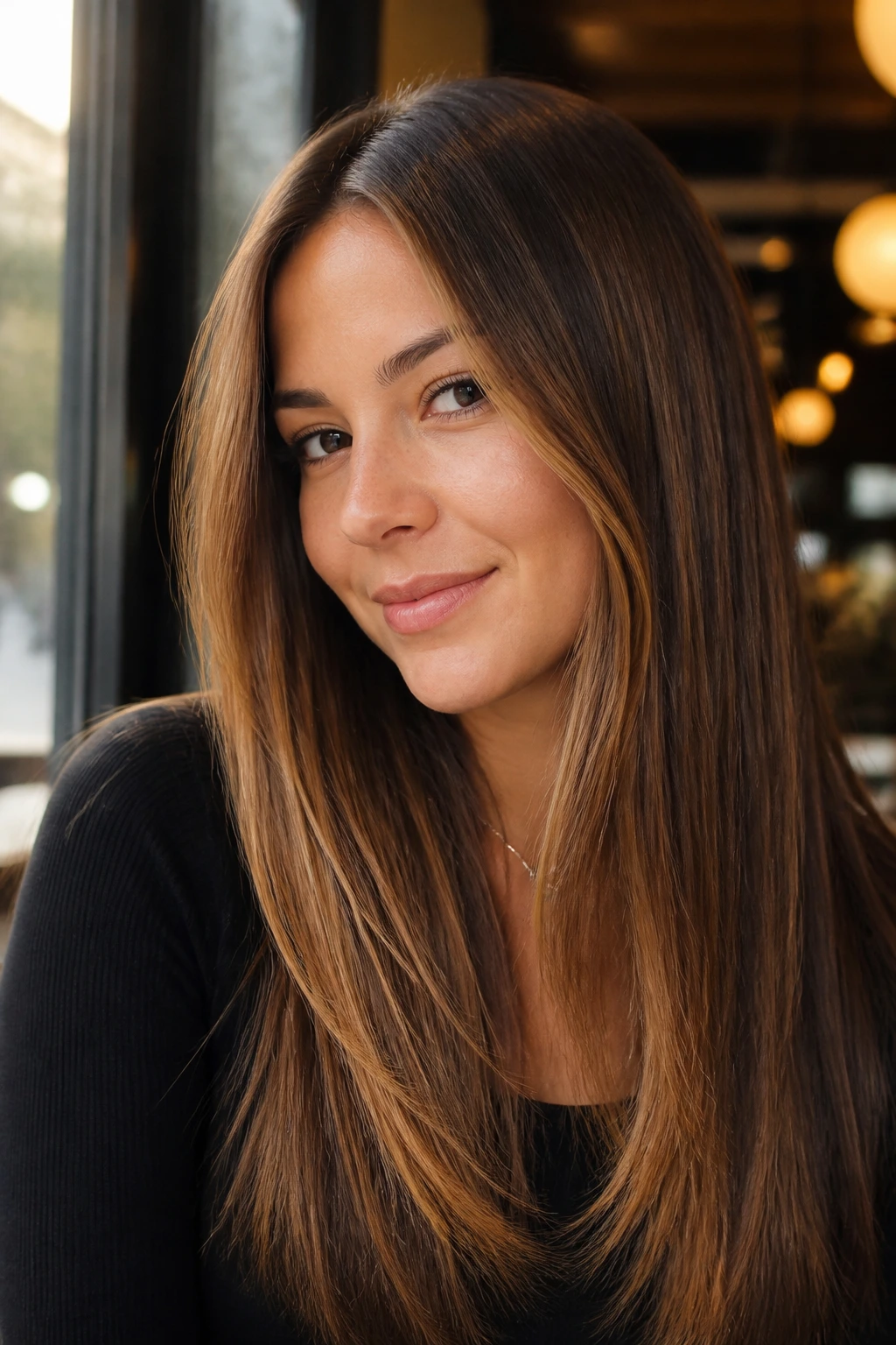 Close-up of a real woman with amber brown hair and subtle money pieces around the face