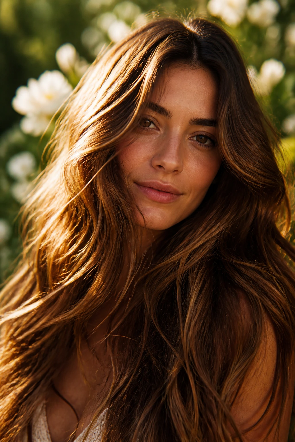 Portrait of amber-toned brunette with loose airy waves in sunlight