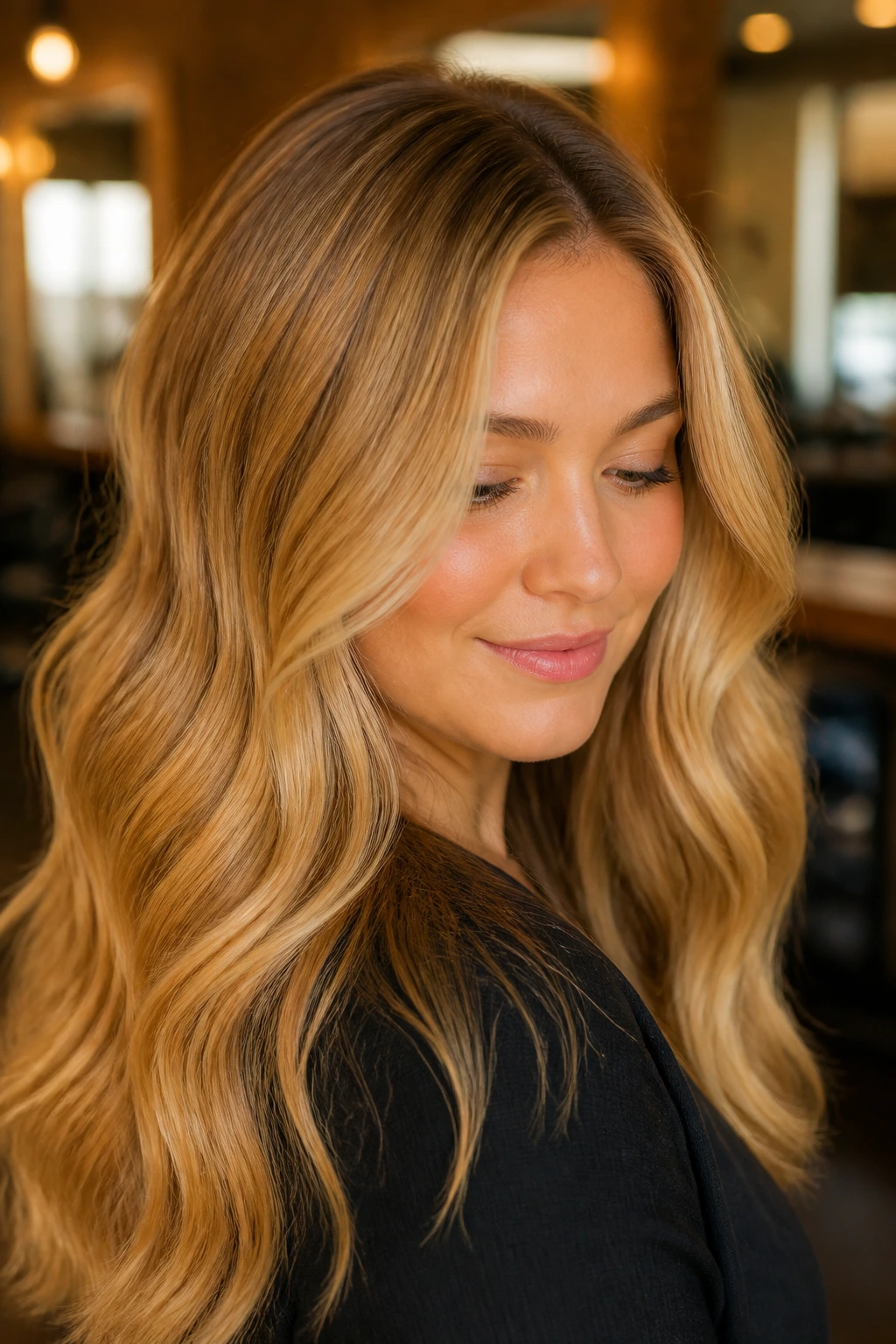 Close-up portrait of a real woman with amber butter blonde hair in warm sunlit salon