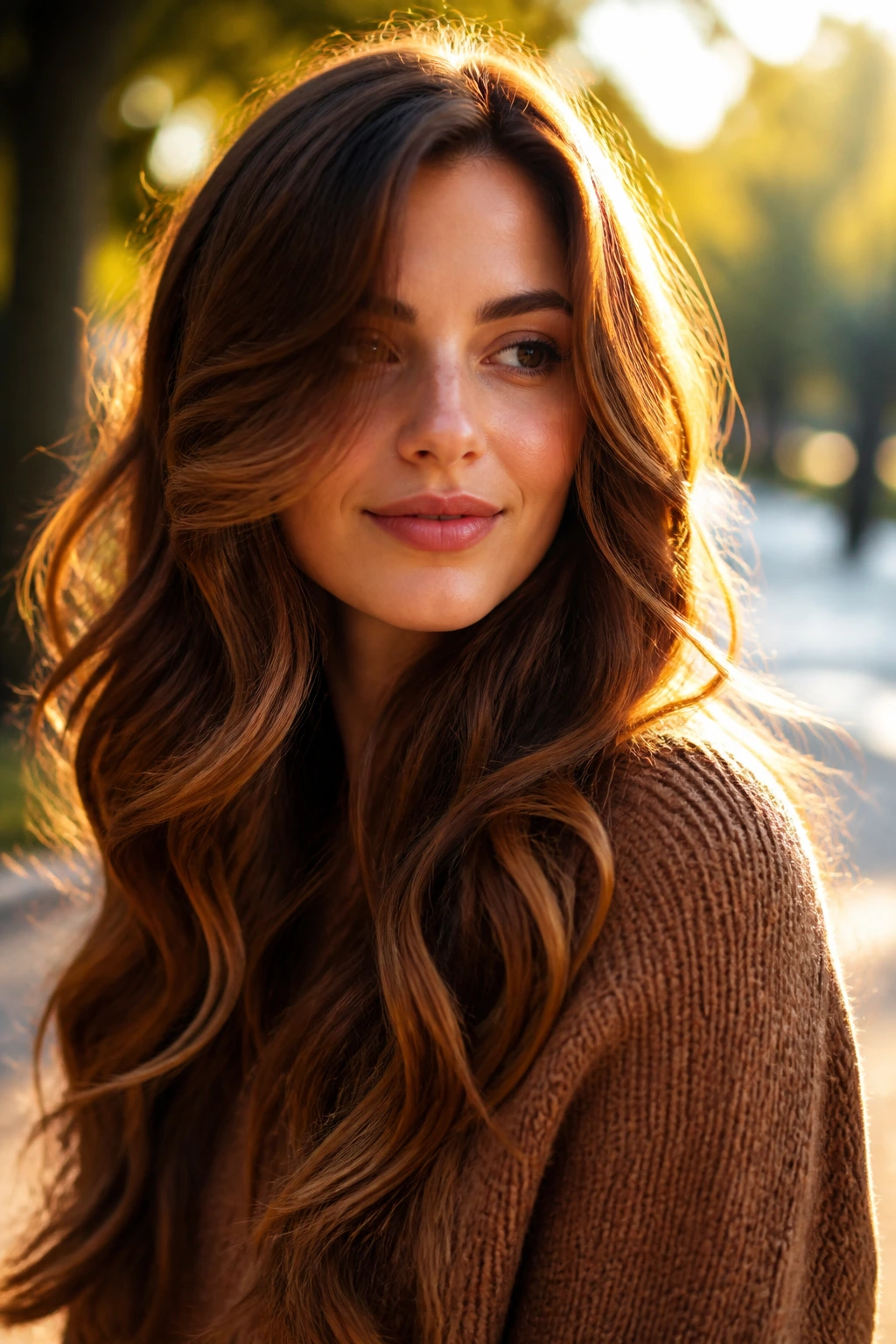 Close-up of a real woman with amber chestnut waves catching golden hour light