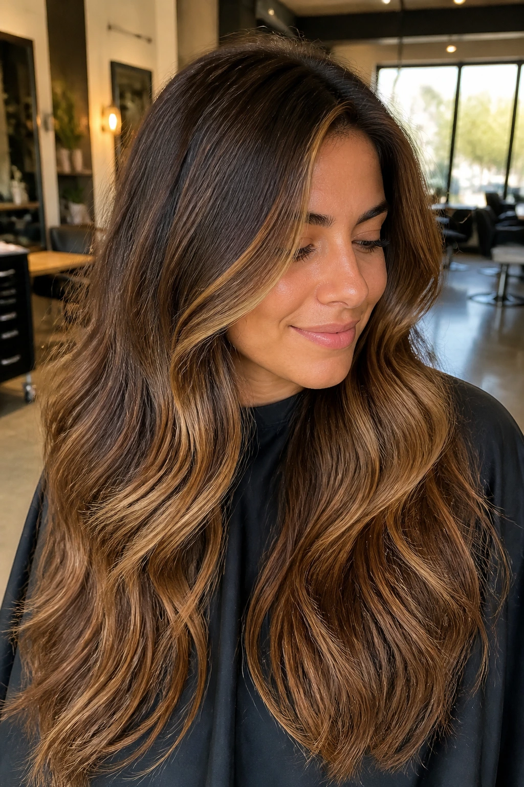 Portrait of a real woman with amber foilayage on thick brunette hair