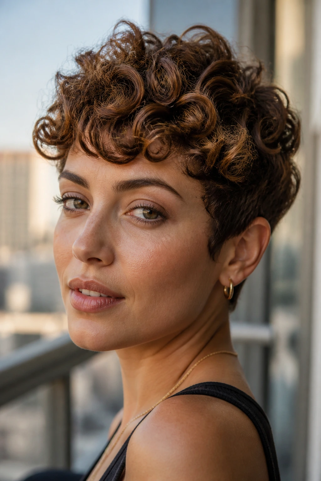 Close-up of a real woman with amber-glazed brunette pixie curls
