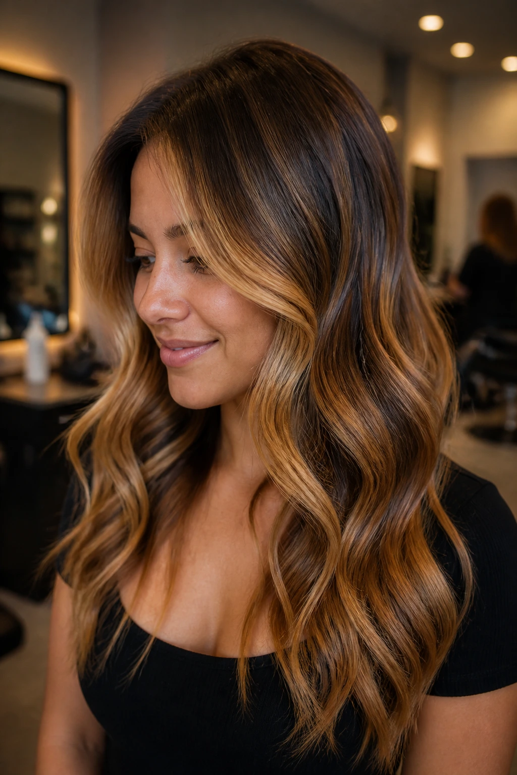 Portrait of a person with amber gold foilayage highlights