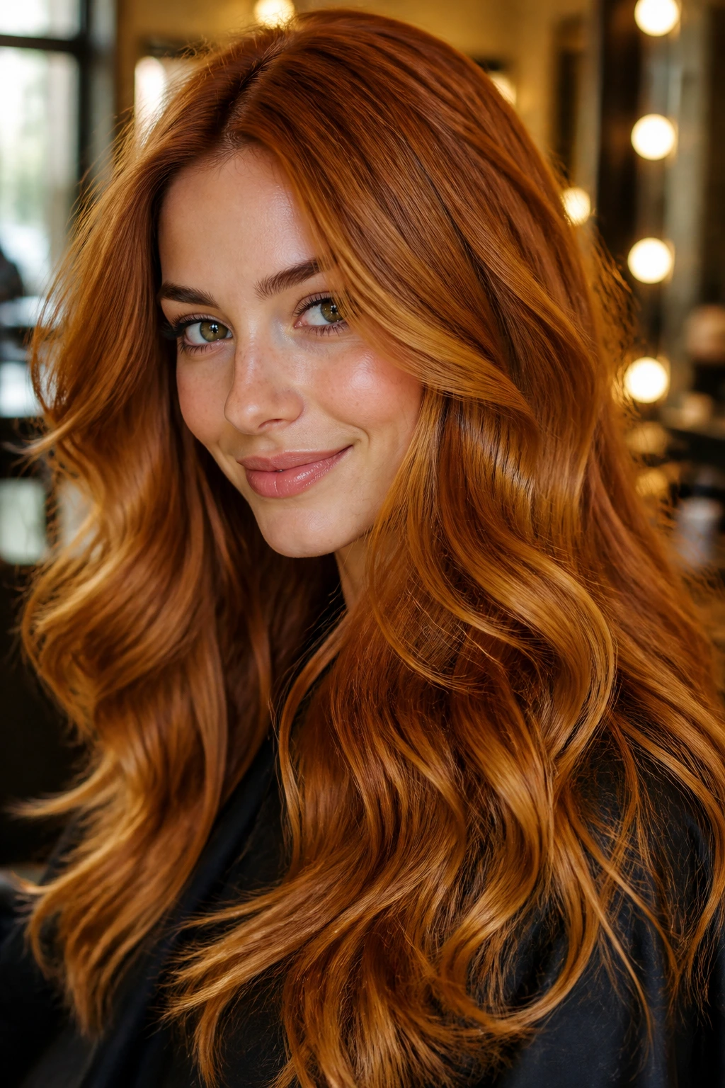Close-up of a real woman's glossy amber hair under warm light