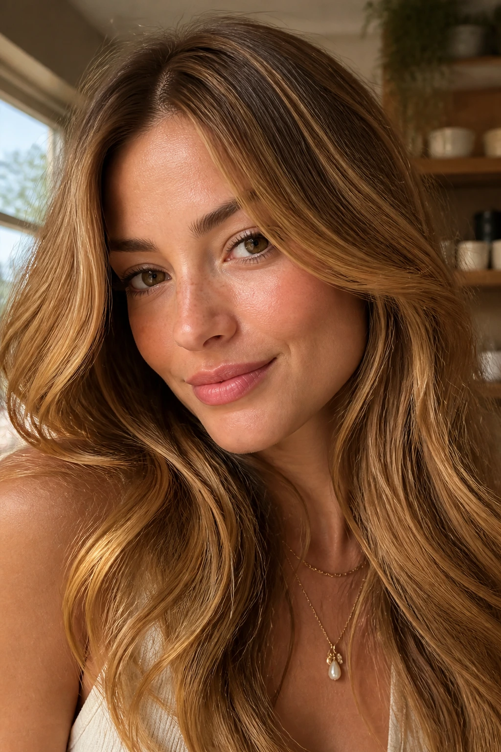 Close-up of honey-toned hair with amber tones blended for harmony on a real person