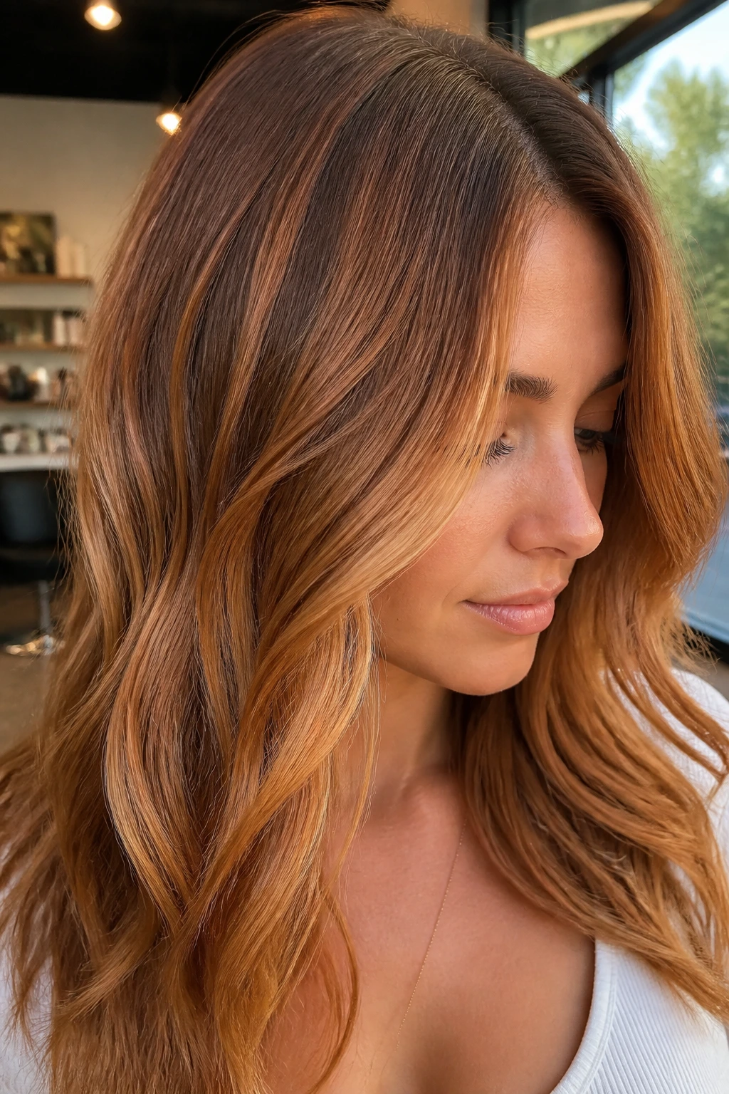 Close-up of a real woman's amber hair with brown-blonde base in warm salon light