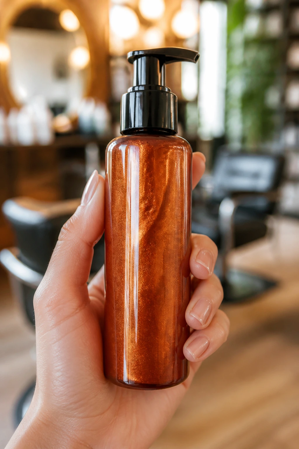 Unlabeled amber gloss bottle held in hand with warm salon background