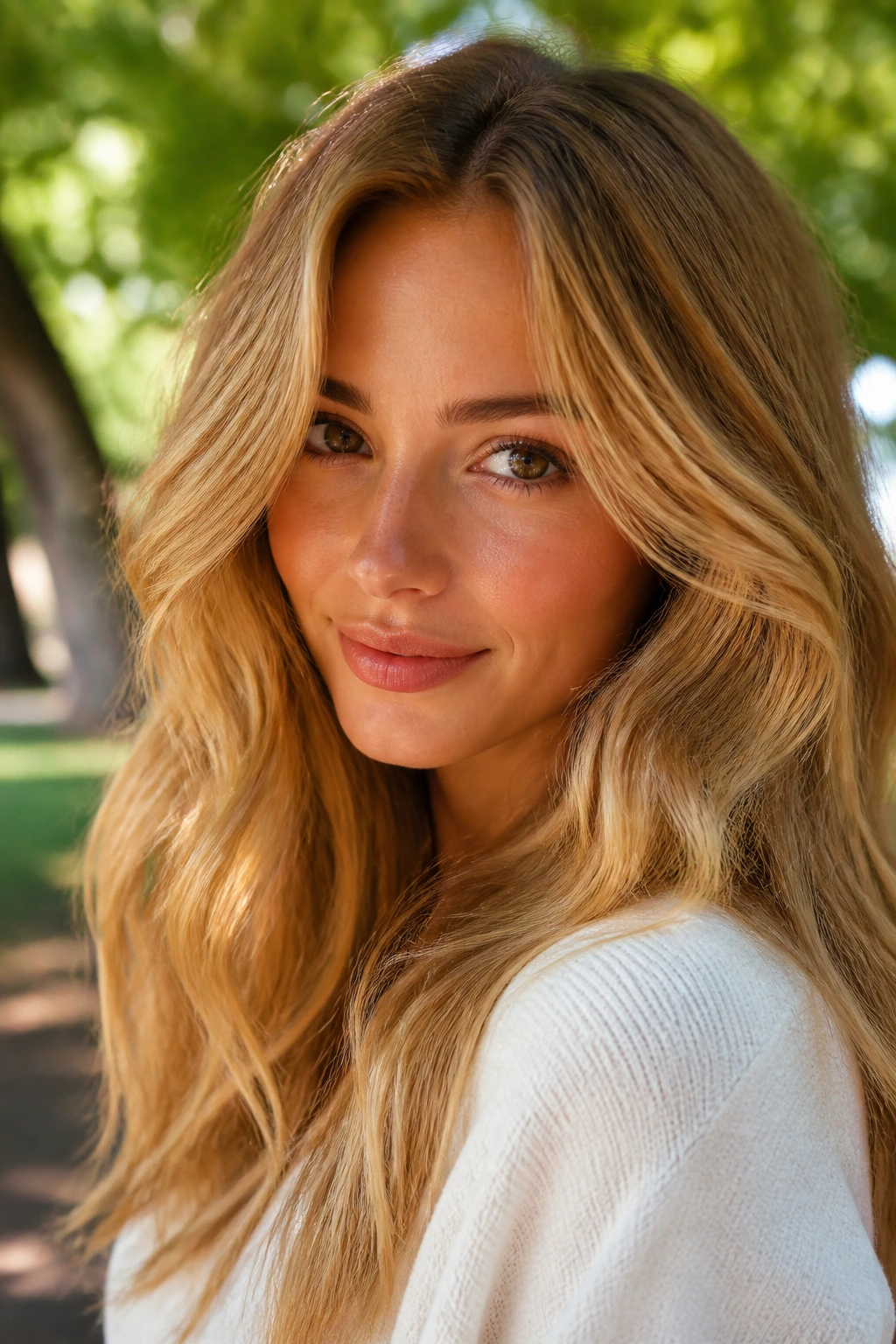 Real-woman portrait highlighting amber honey blonde hair in daylight