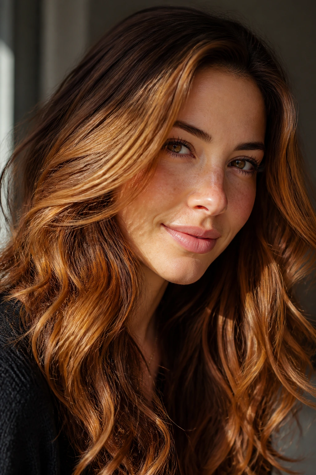 Portrait of a real woman with shadowed amber tones and copper highlights