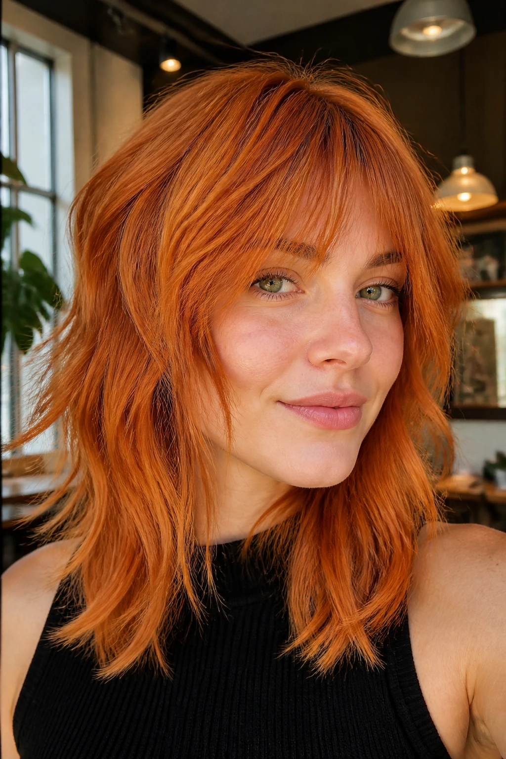 Close-up of amber orange shag with airy ends on a real person
