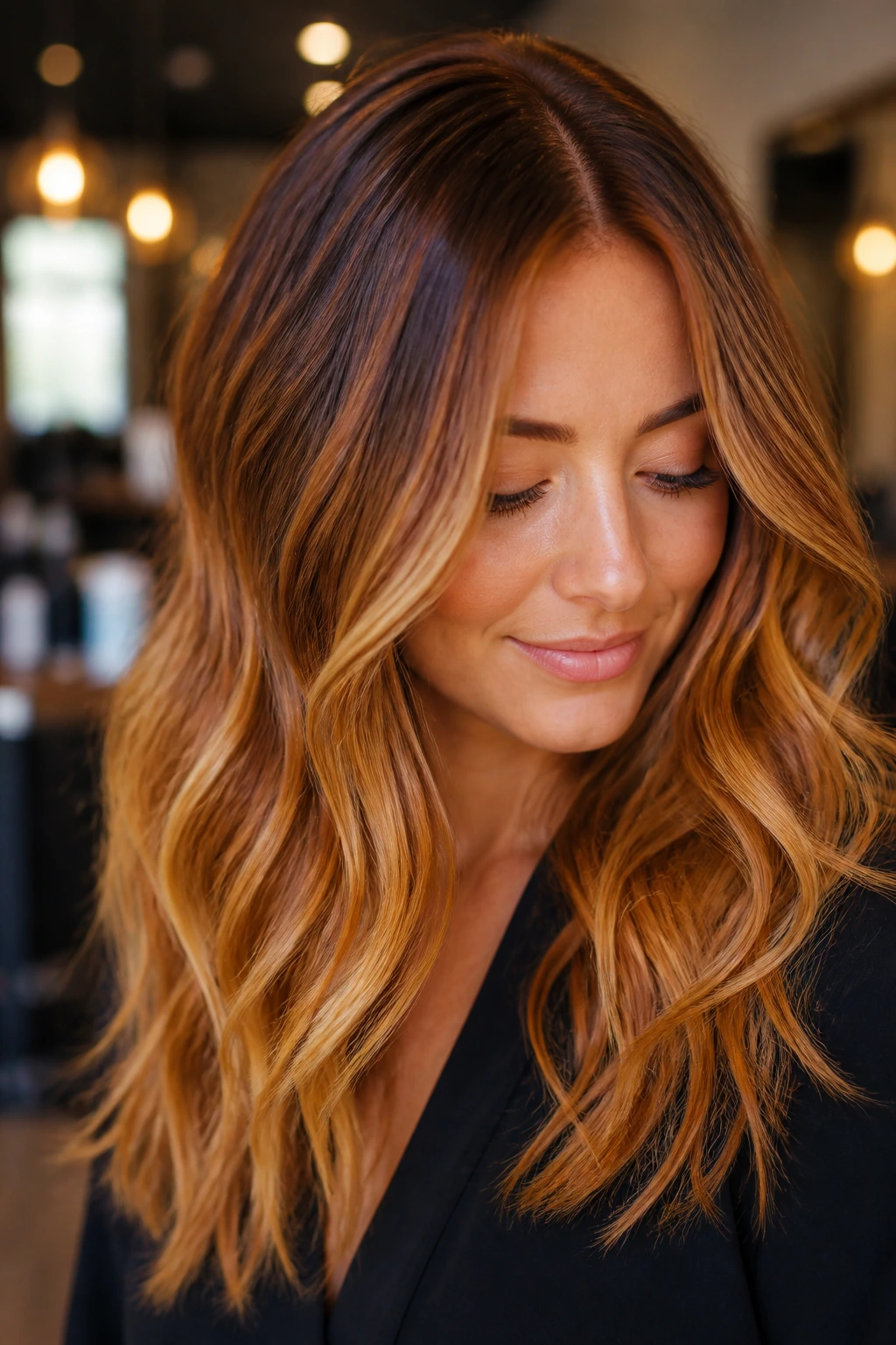 Portrait of amber hair with proper placement and depth at roots