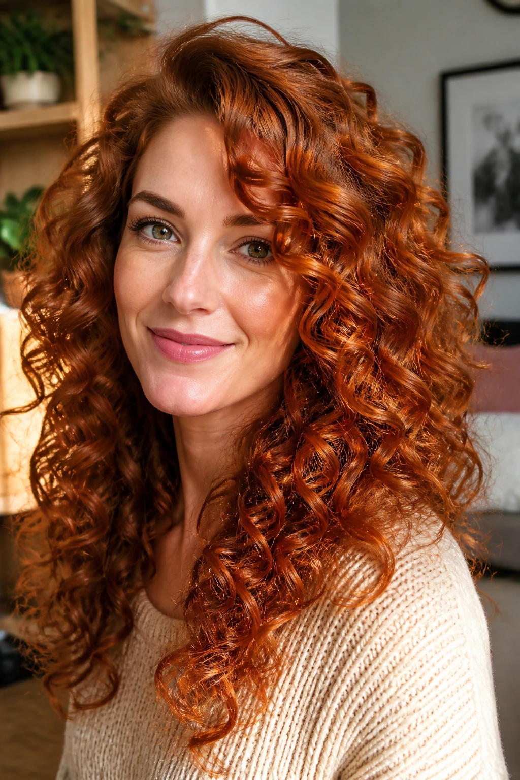 Real woman with amber red curls, luminous curls in warm daylight.