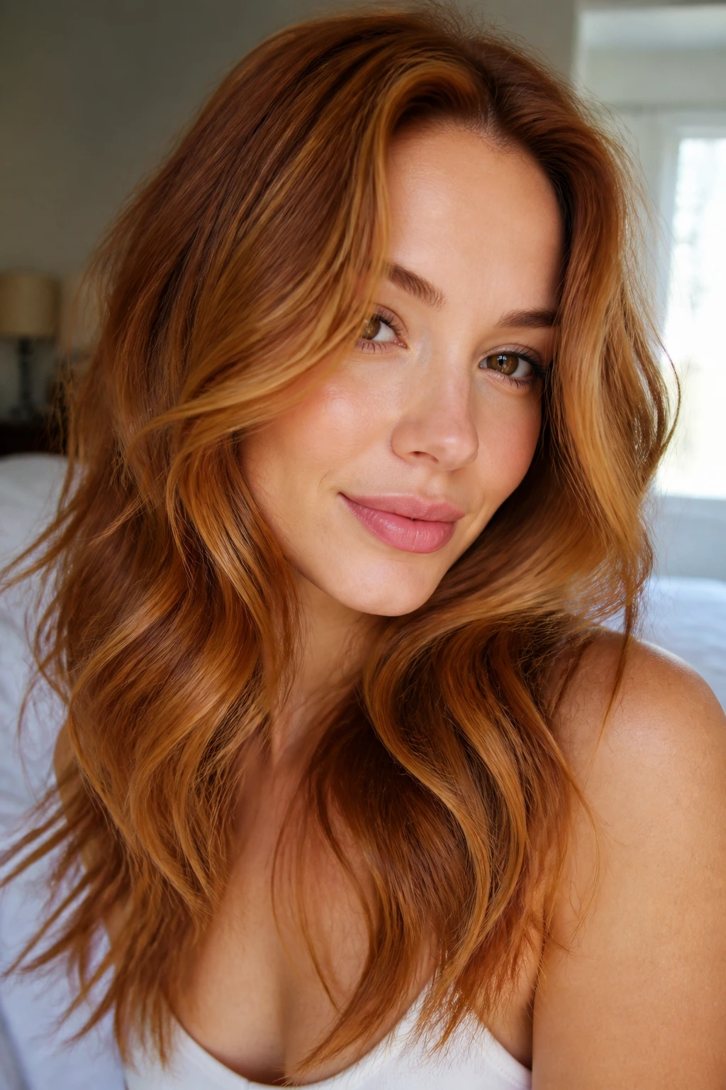 Close-up portrait of a real woman with warm amber hair tones in natural window light