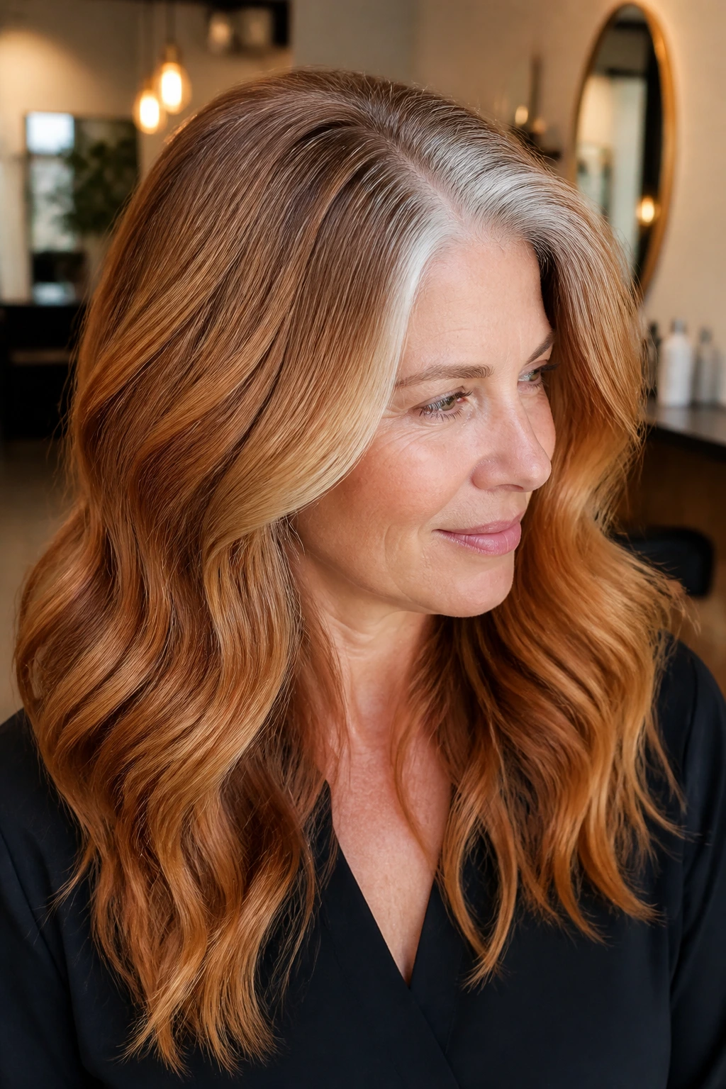 Close-up of grey hair with amber shadow roots blending into warmer lengths on a real person