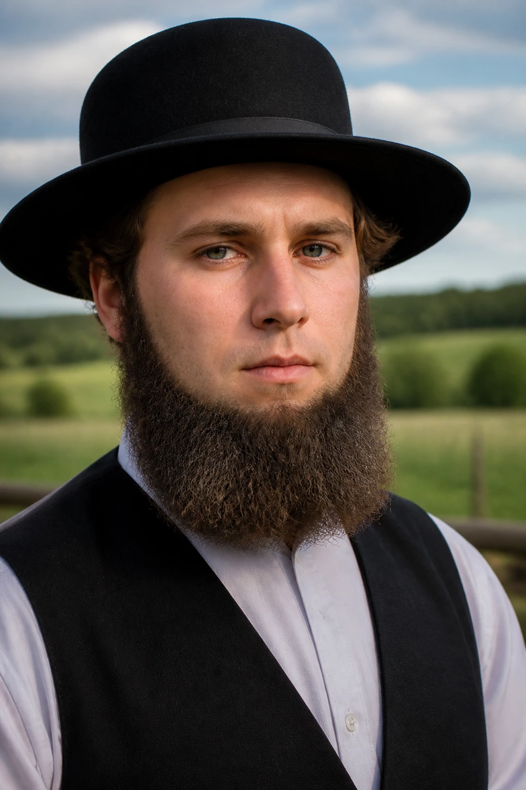 Man with Amish beard and no mustache in rural setting.