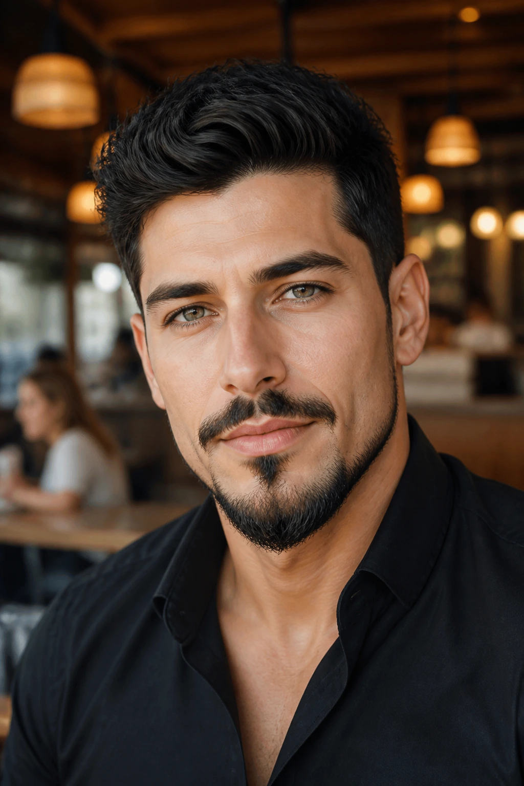 Close-up of a man wearing an anchor beard with a downward chin tip and clean cheeks in cafe lighting