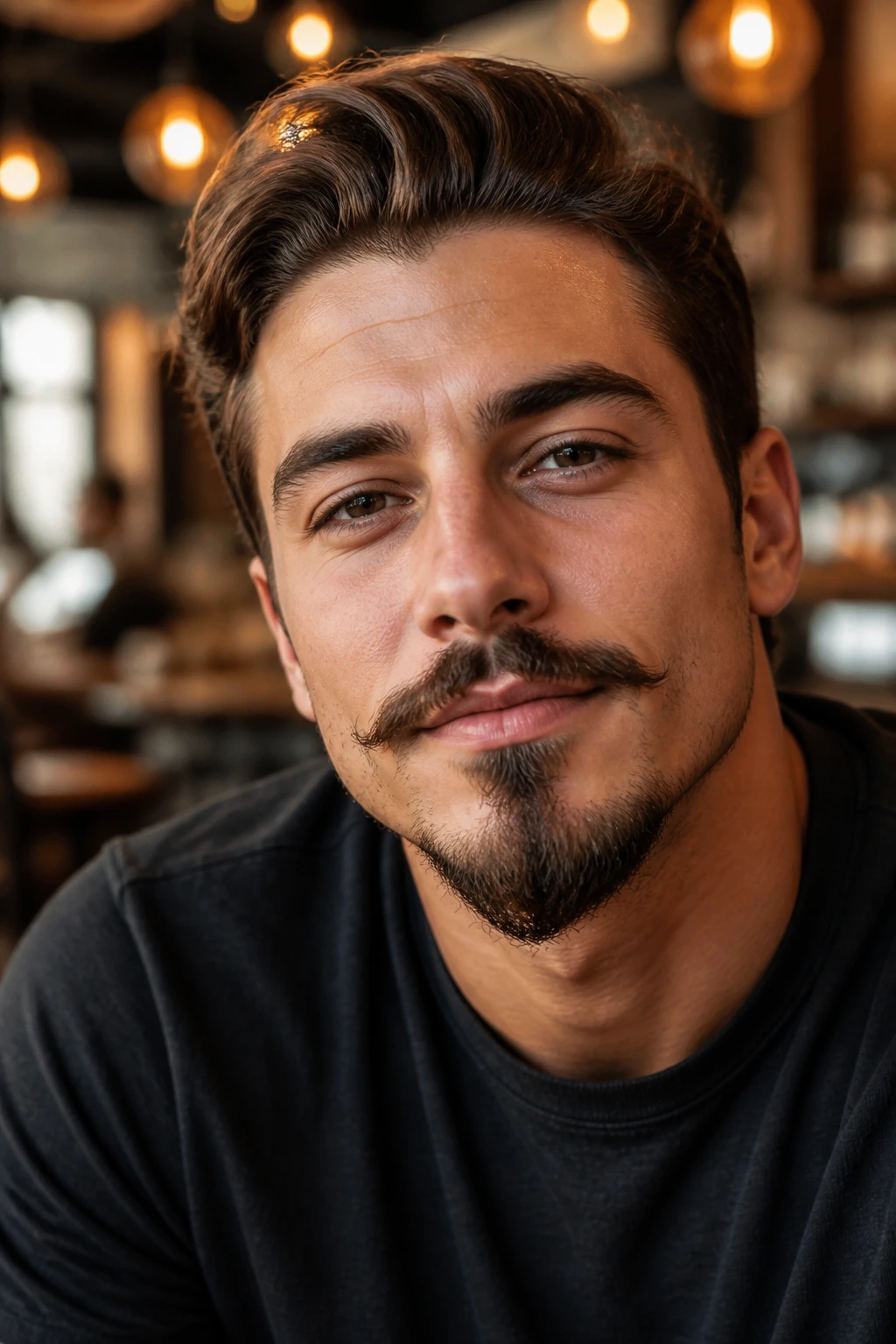 Close-up portrait of a man with anchor beard in a cozy cafe