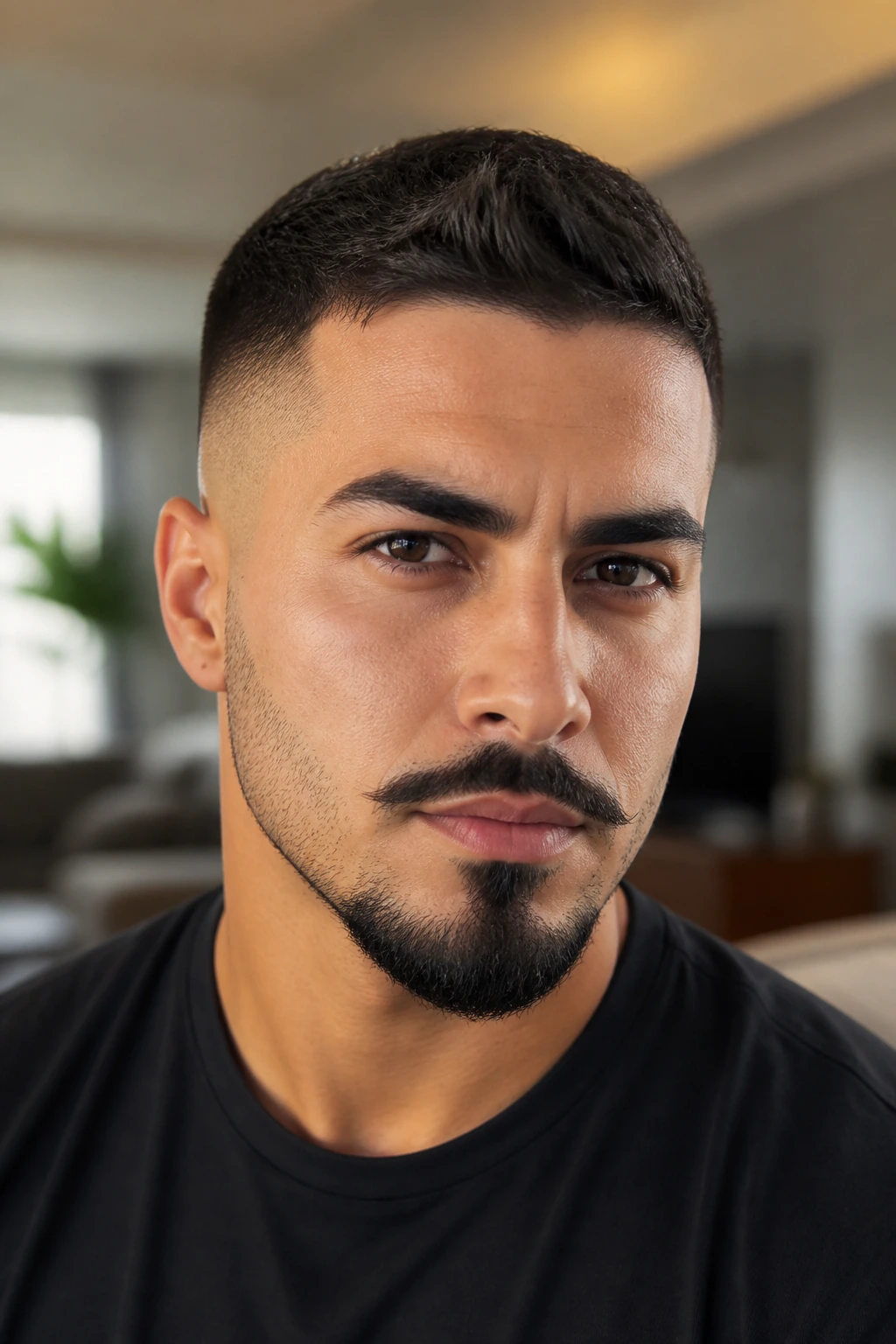 Close-up of a man with anchor beard in a softly lit living room
