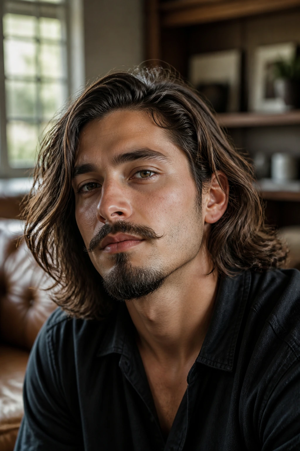 Close-up of a man with anchor beard and long hair in a warm living room