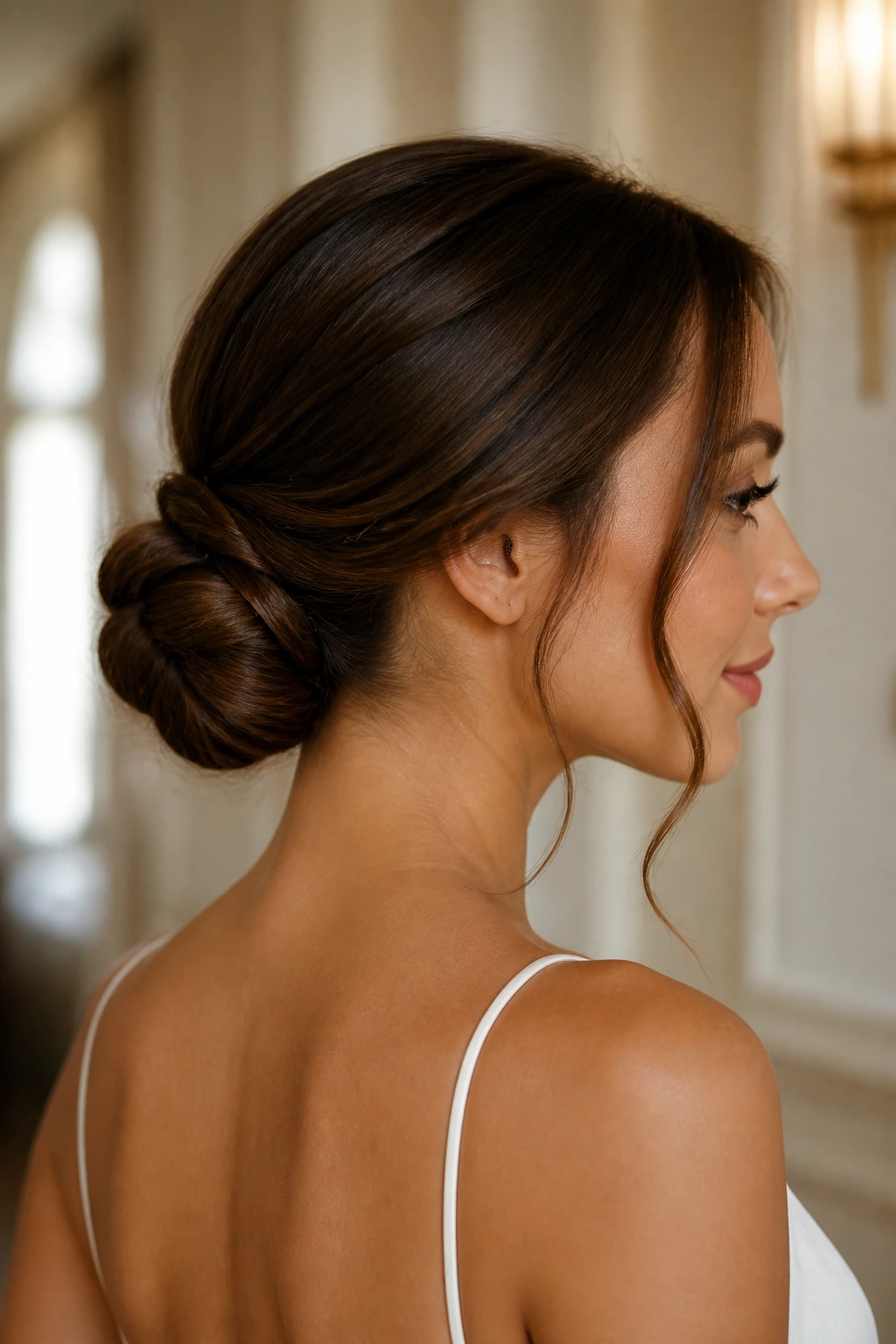 Close-up of a real woman with a secure low bun in a calm bridal space