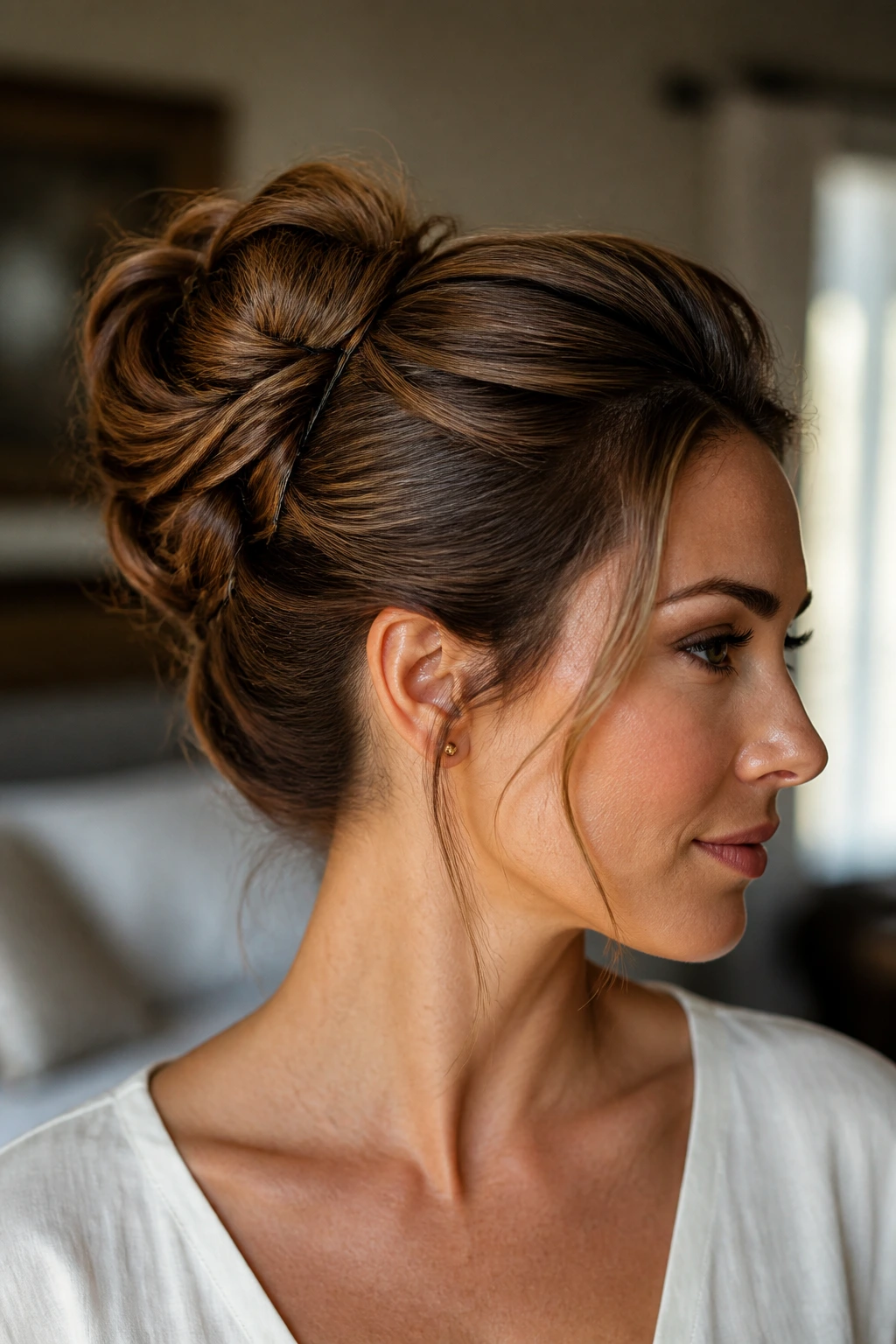 Close-up of a real woman with an anchored updo demonstrating hold