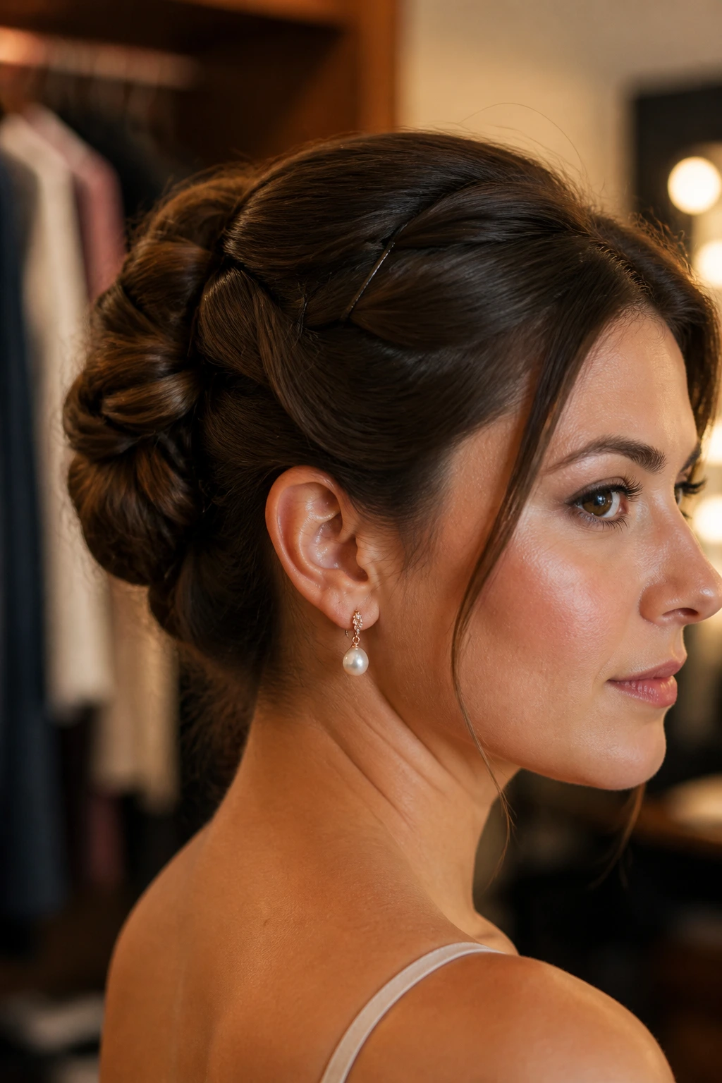 Portrait of a woman in a formal updo with a clearly anchored base and secure silhouette