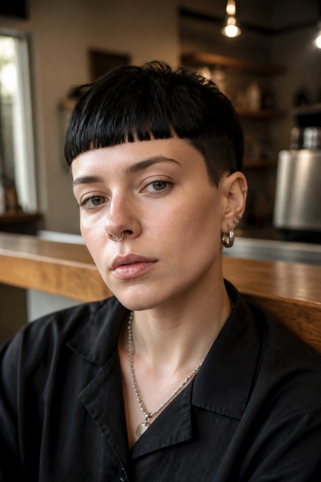 Portrait of a person with an androgynous crop and square bangs