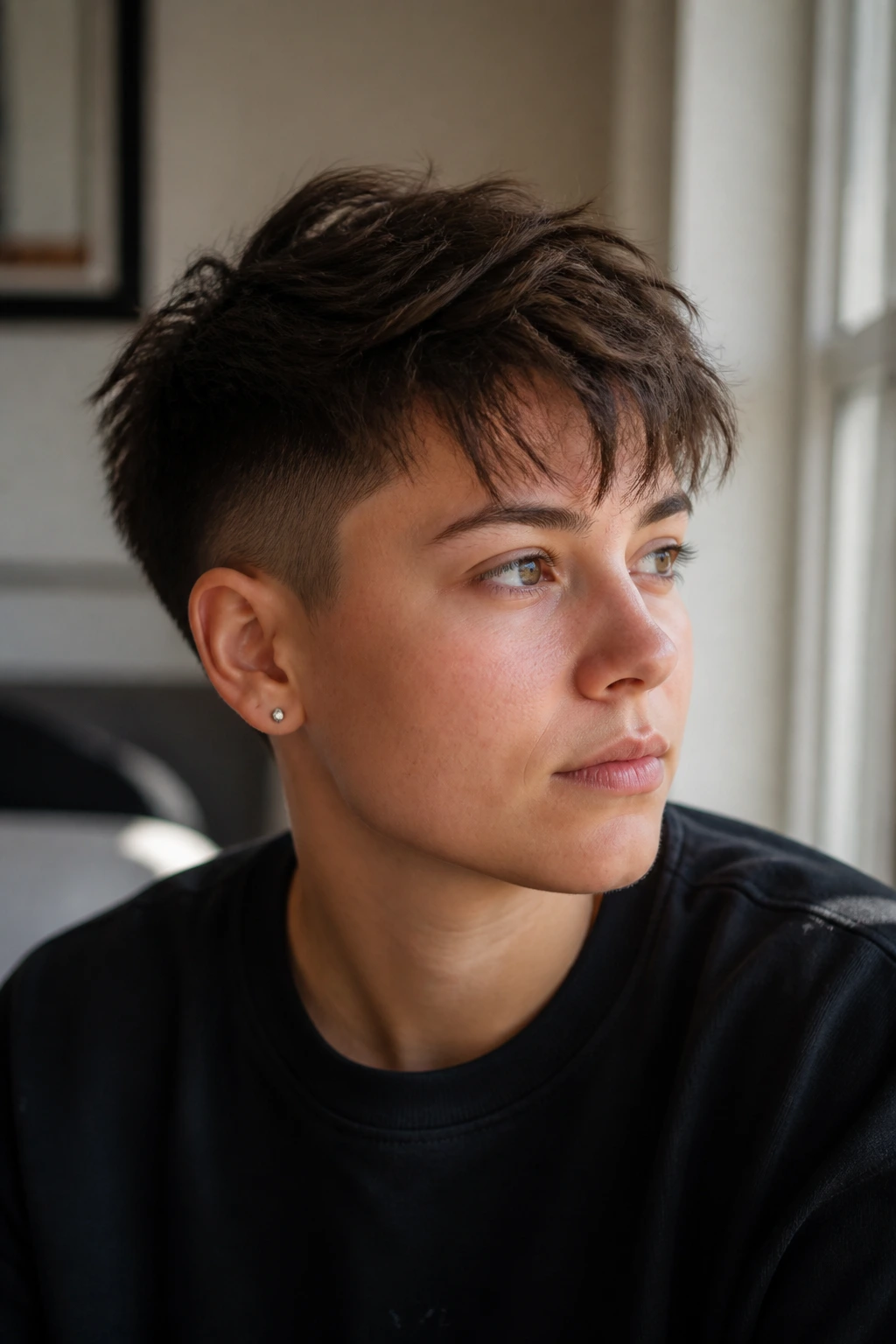 Portrait illustrating a softer androgynous haircut variation
