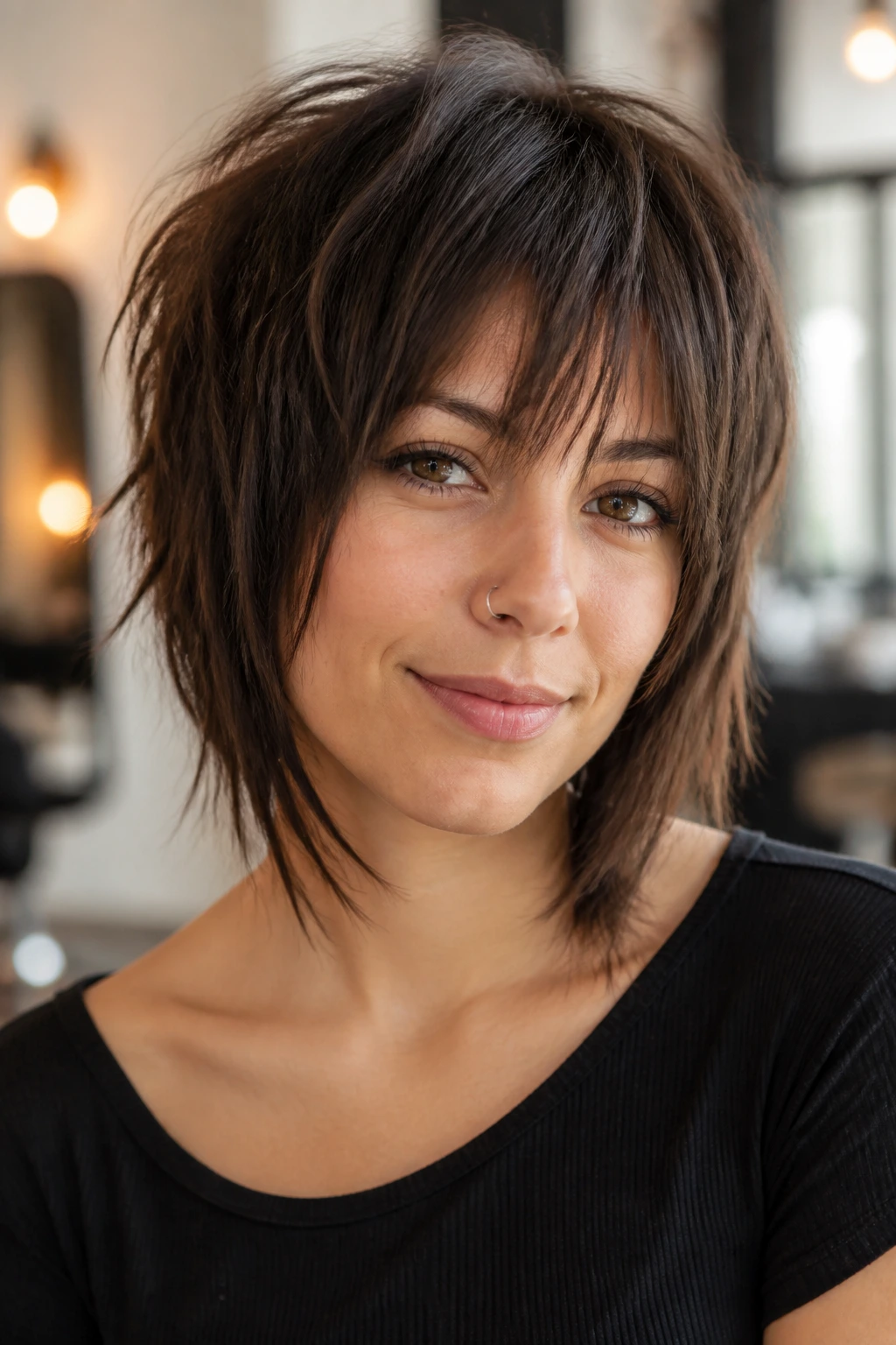 Close-up of a real woman with angle-forward shag and face-slimming bangs in warm salon light