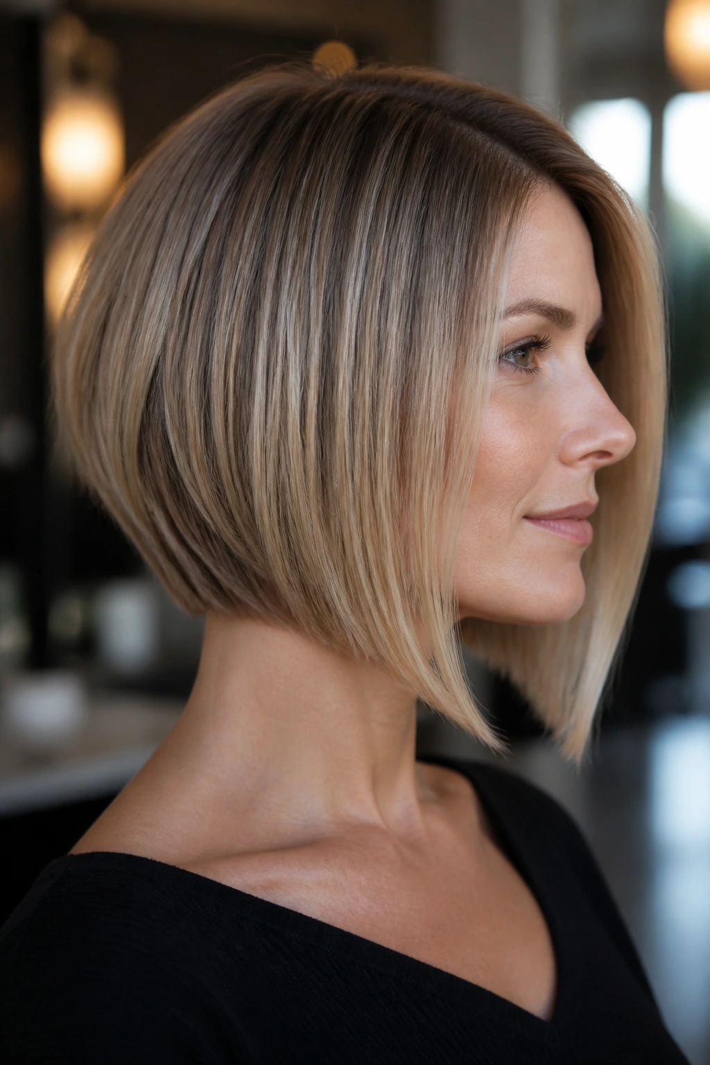 Portrait of a woman with an angled A-line bob.