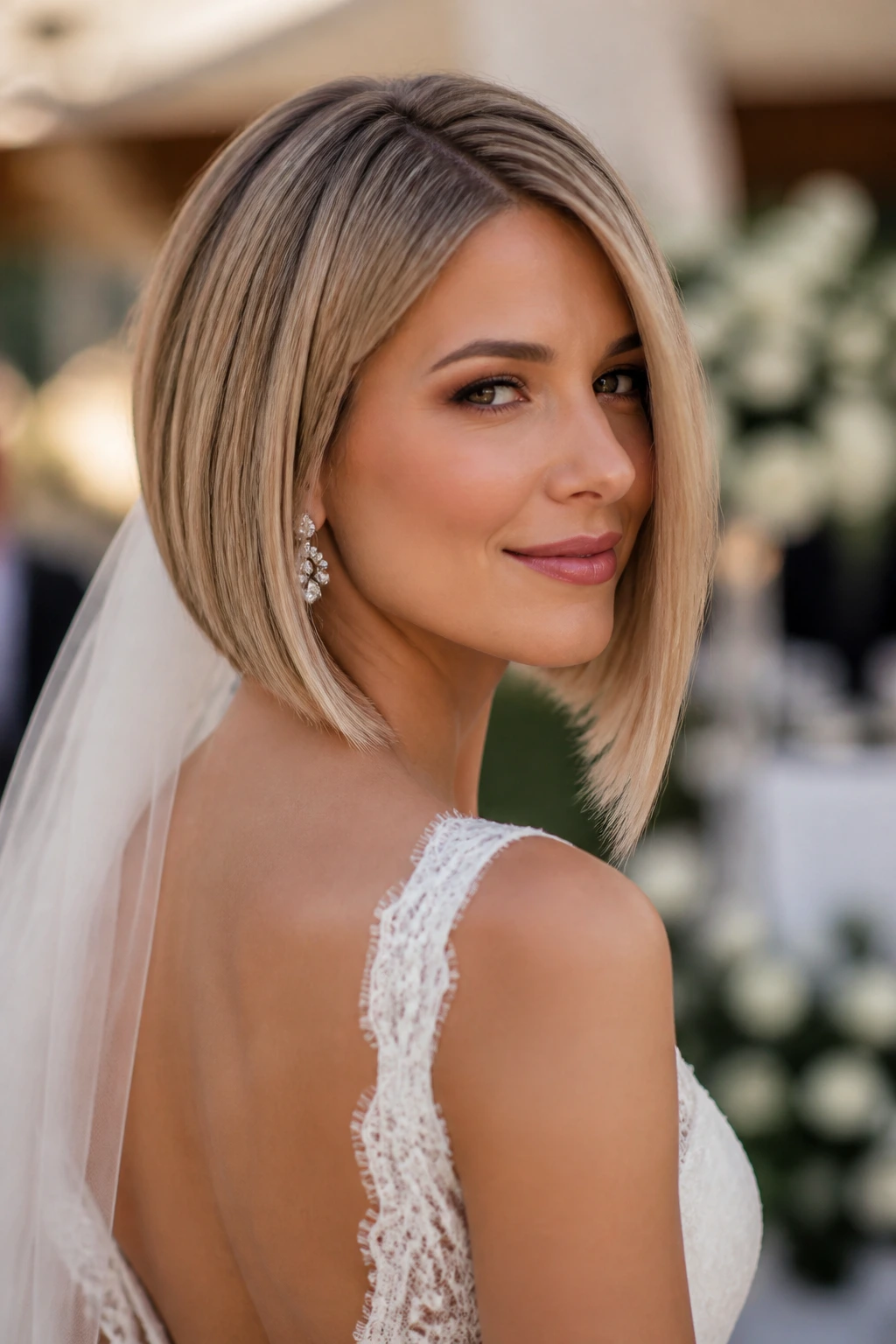 Close-up of a real bride with an angled A-line bob