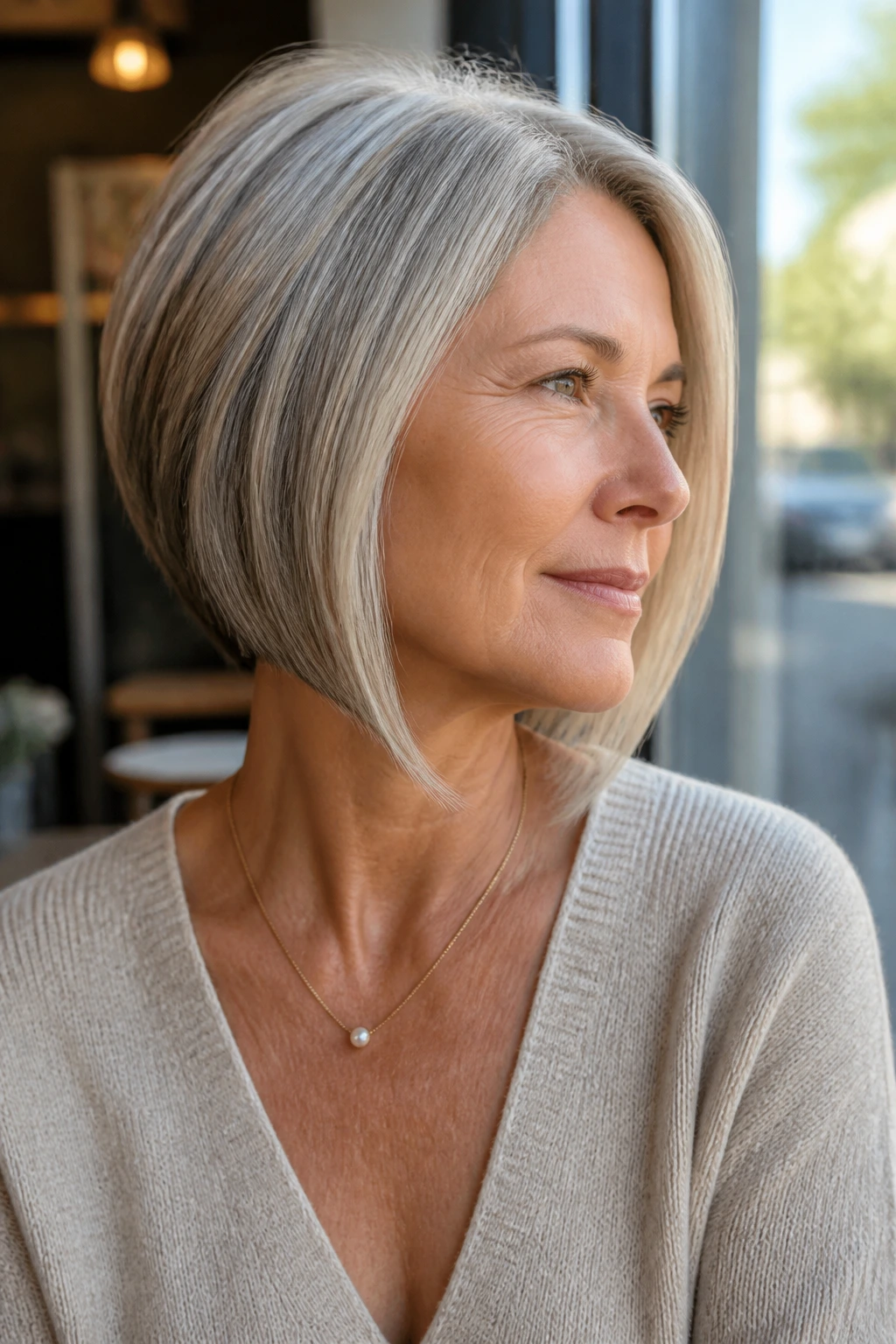 Medium-close portrait of a real woman with angled A-line bob by cafe window