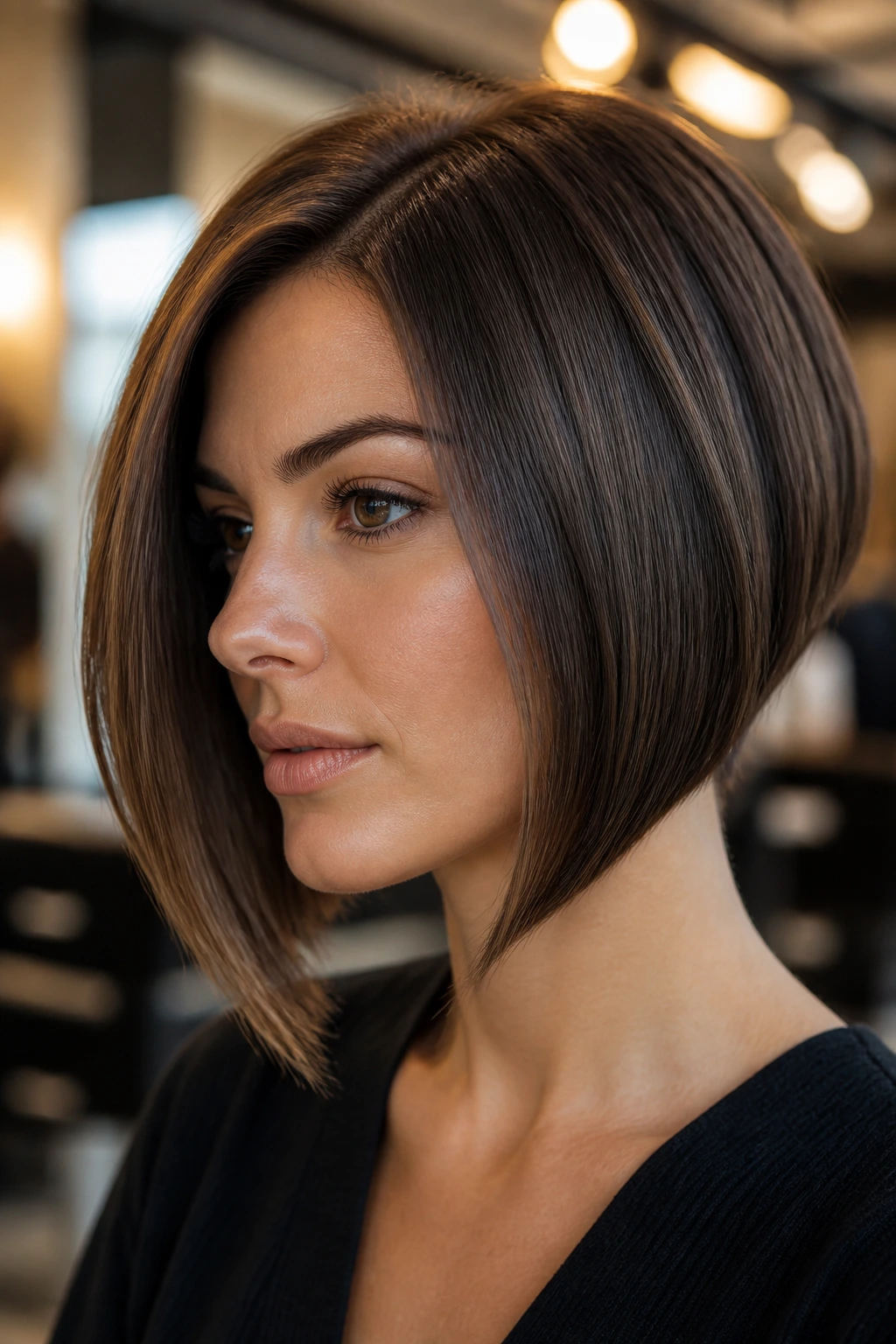 Portrait of a woman with angled A-line bob framing the jawline