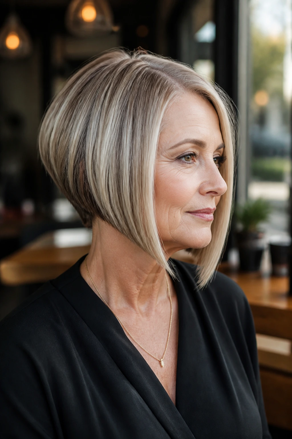 Real woman with angled A-line bob and sharp front line