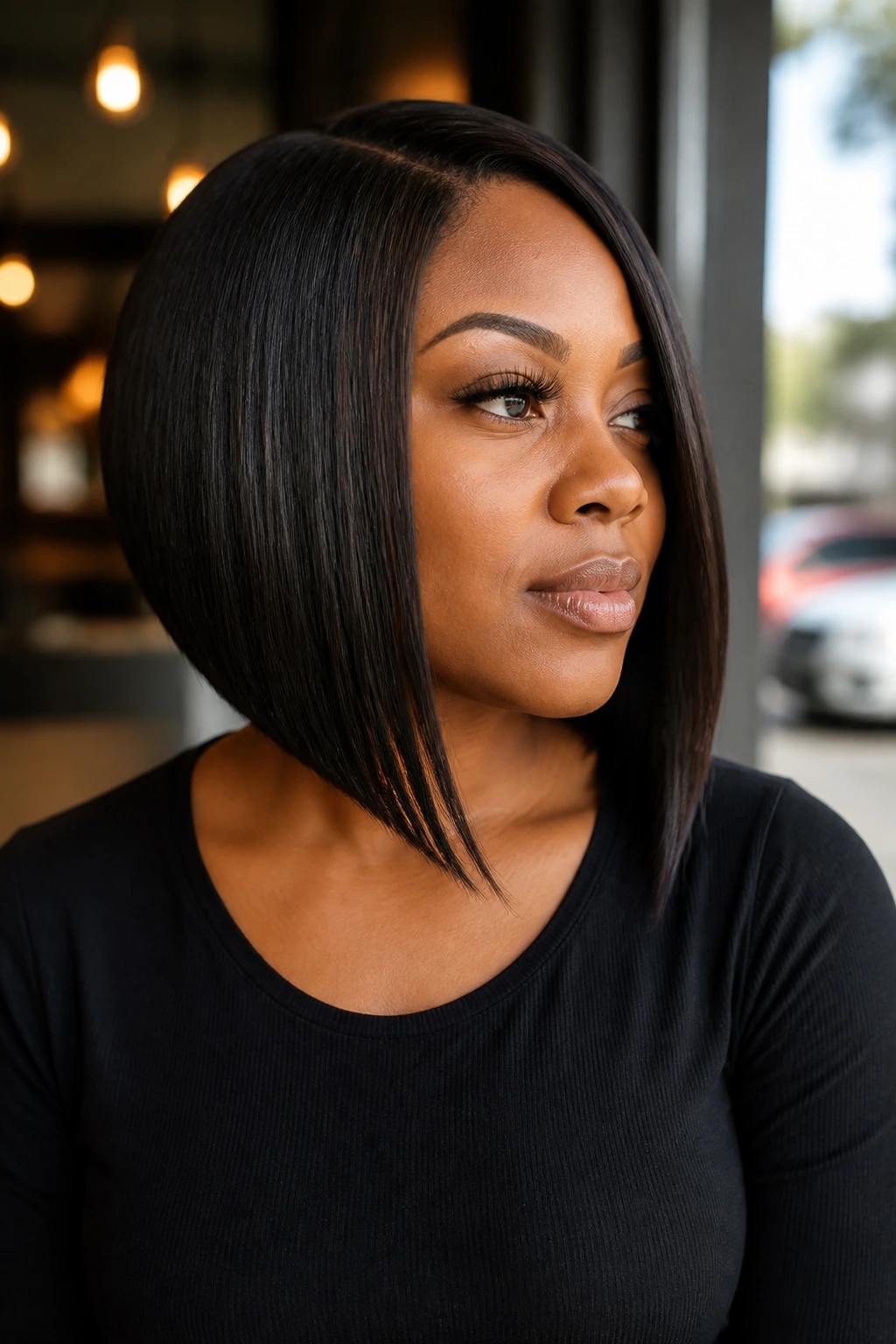 Portrait of a woman with an angled A-line bob