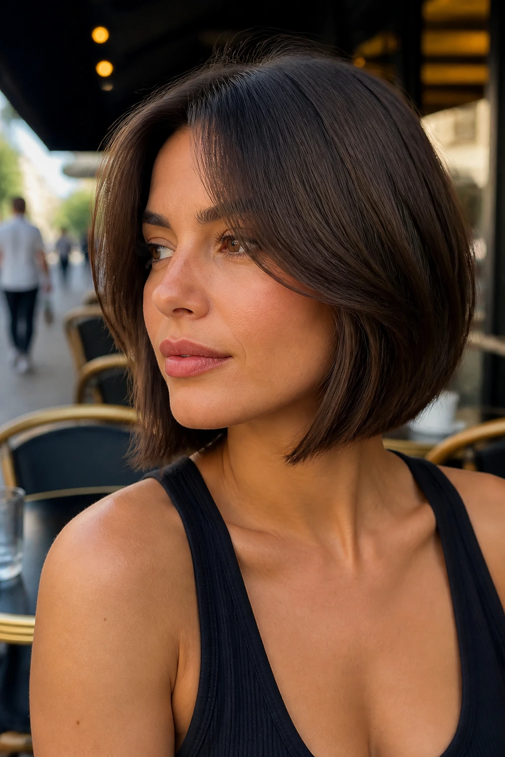 Portrait of a woman with angled A-line bob and longer curtain bangs at a chic street cafe