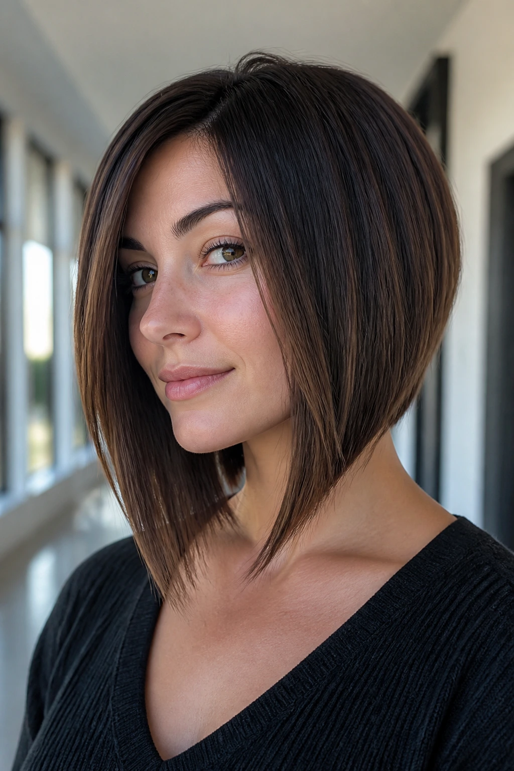 Real person with angled A-line lob showing forward-leaning silhouette and collarbone-length front