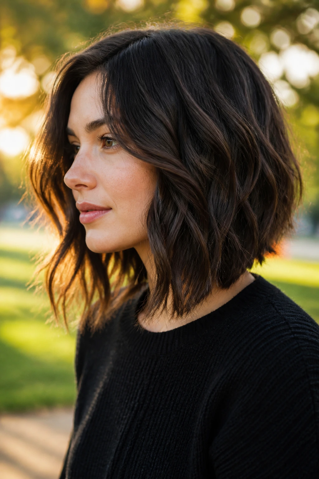 Portrait of a real woman with an angled A-line lob against a golden-hour park backdrop