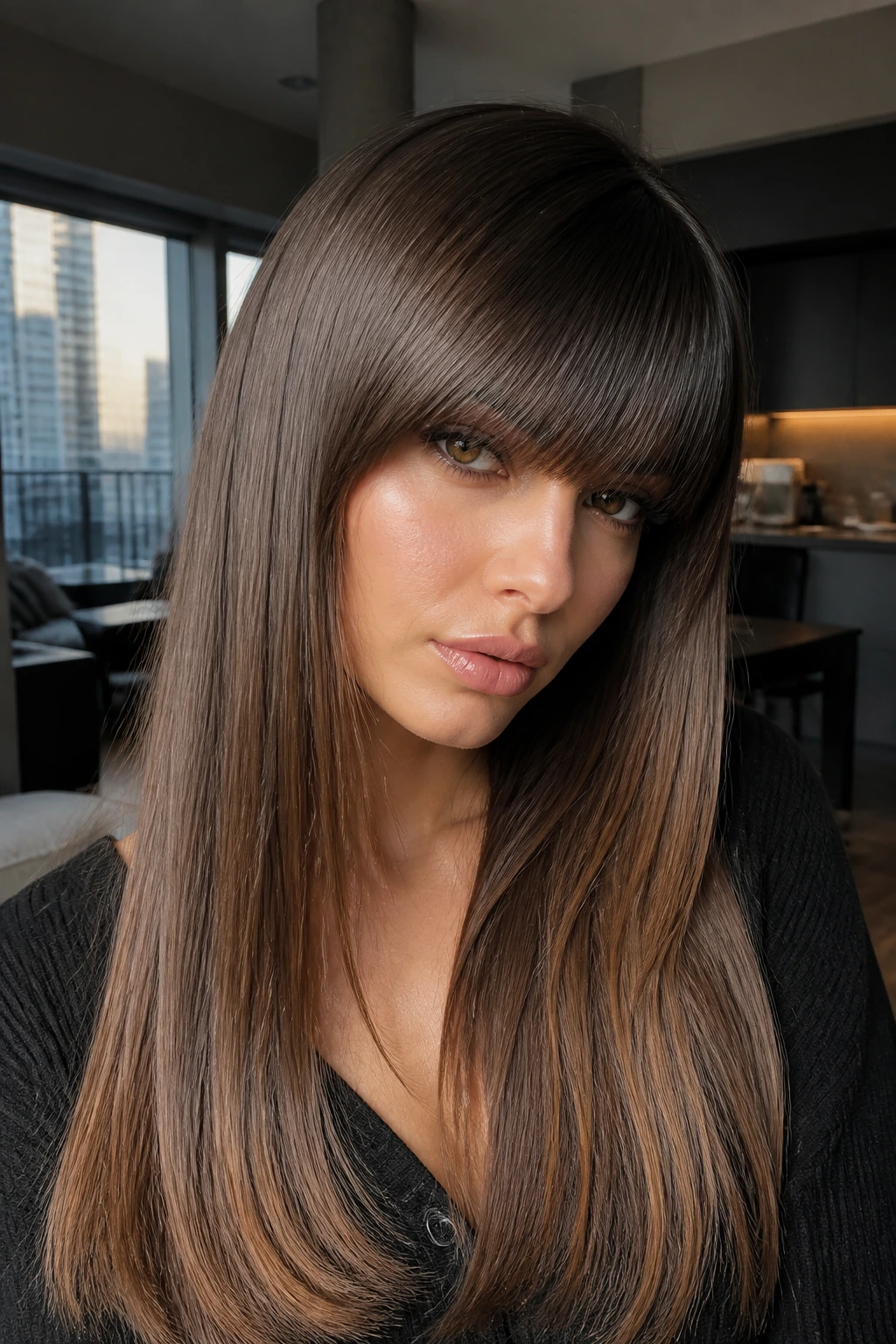 Close-up of a real woman with heavy angled bangs and satin-straight hair in an urban apartment