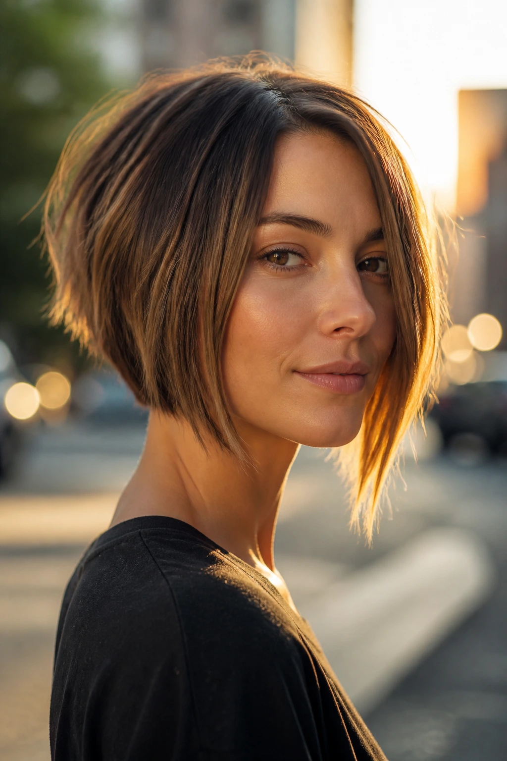 Portrait of a woman with angled A-line choppy bob